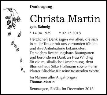 Traueranzeige von Christa Martin von Mitteldeutsche Zeitung Sangerhausen