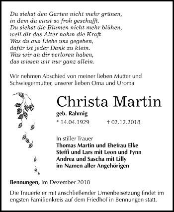 Traueranzeige von Christa Martin von Mitteldeutsche Zeitung Sangerhausen