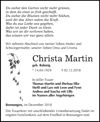 Traueranzeige von Christa Martin von Super Sonntag SGH Mansf. Land