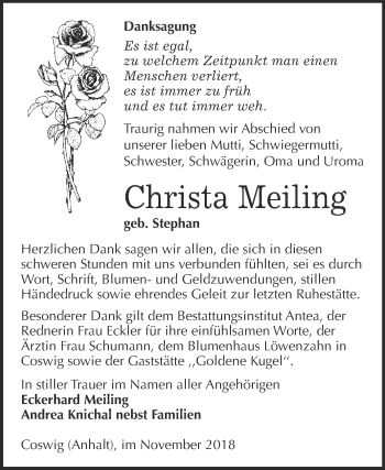 Traueranzeige von Christa Meiling von Super Sonntag Wittenberg
