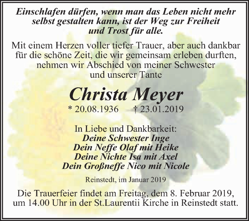  Traueranzeige für Christa Meyer vom 02.02.2019 aus Super Sonntag Aschersleben