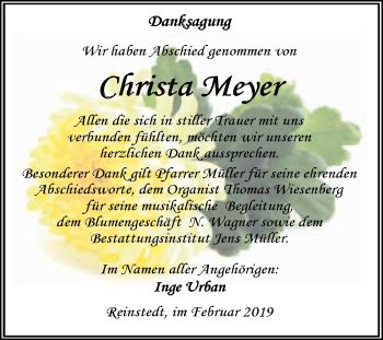 Traueranzeige von Christa Meyer von Super Sonntag Aschersleben