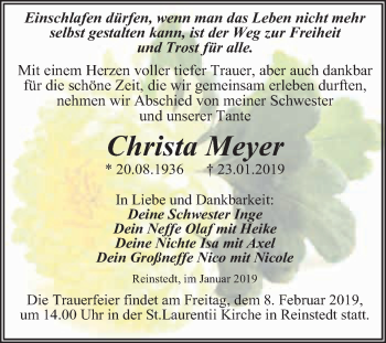 Traueranzeige von Christa Meyer von Super Sonntag Aschersleben