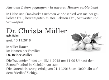 Traueranzeige von Christa Müller von WVG - Wochenspiegel Dessau / Köthen