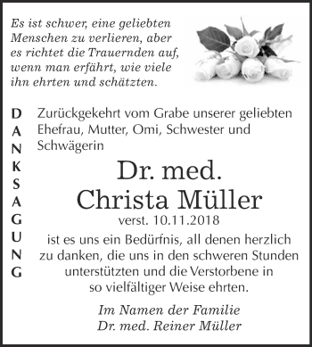 Traueranzeige von Christa Müller von WVG - Wochenspiegel Dessau / Köthen