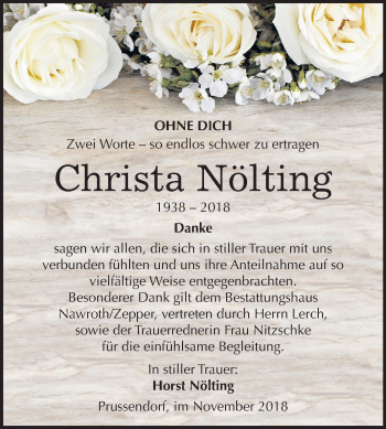 Traueranzeige von Christa Nölting von Mitteldeutsche Zeitung Bitterfeld