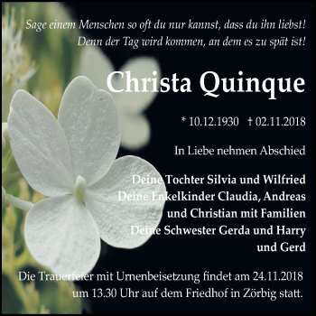 Traueranzeige von Christa Quinque von Mitteldeutsche Zeitung Bitterfeld