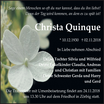 Traueranzeige von Christa Quinque von WVG - Wochenspiegel Bitterfeld