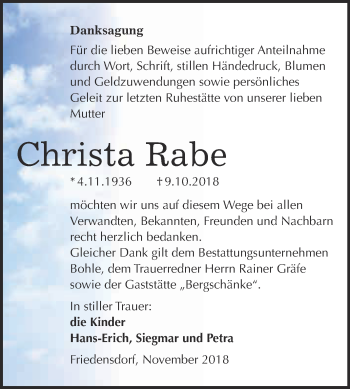 Traueranzeige von Christa Rabe von WVG - Wochenspiegel Merseburg