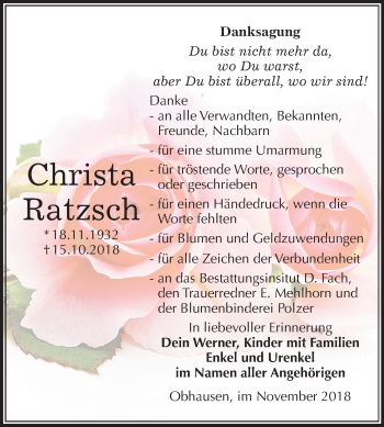 Traueranzeige von Christa Ratzsch von Mitteldeutsche Zeitung Merseburg/Querfurt