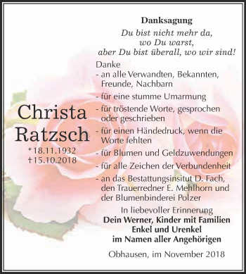 Traueranzeige von Christa Ratzsch von WVG - Wochenspiegel Merseburg