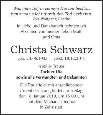 Traueranzeige von Christa Schwarz von Super Sonntag Zeitz