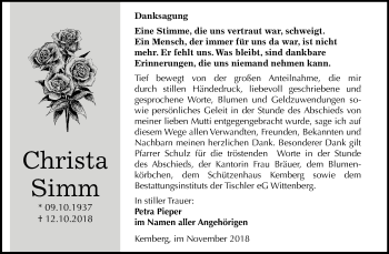 Traueranzeige von Christa Simm von Mitteldeutsche Zeitung Wittenberg