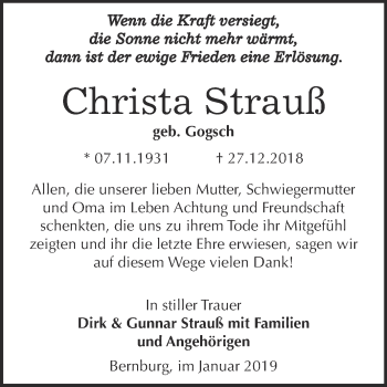 Traueranzeige von Christa Strauß von Super Sonntag Bernburg