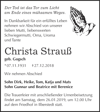 Traueranzeige von Christa Strauß von Super Sonntag Bernburg
