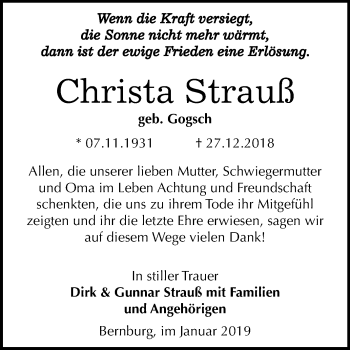 Traueranzeige von Christa Strauß von Mitteldeutsche Zeitung Bernburg