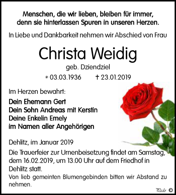 Traueranzeige von Christa Weidig von WVG - Wochenspiegel NMB / WSF / ZTZ
