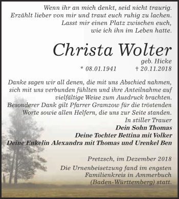 Traueranzeige von Christa Wolter von Super Sonntag Wittenberg