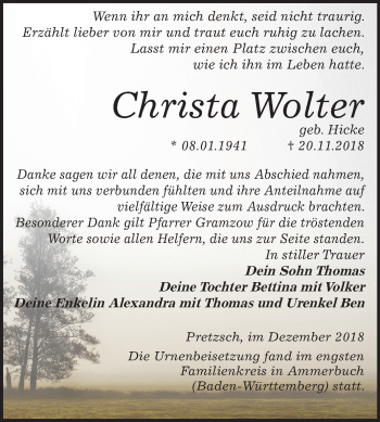 Traueranzeige von Christa Wolter von Mitteldeutsche Zeitung Wittenberg