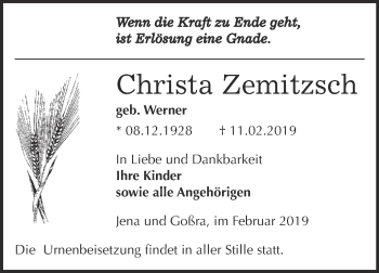 Traueranzeige von Christa Zemitzsch von WVG - Wochenspiegel NMB / WSF / ZTZ