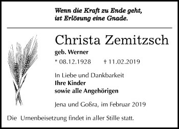 Traueranzeige von Christa Zemitzsch von Mitteldeutsche Zeitung Zeitz