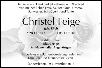 Traueranzeige von Christel Feige von Mitteldeutsche Zeitung Aschersleben