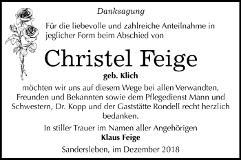 Traueranzeige von Christel Feige von Mitteldeutsche Zeitung Aschersleben