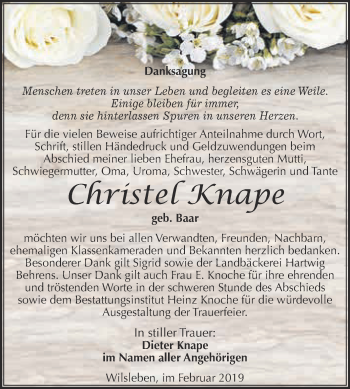 Traueranzeige von Christel Knape von Super Sonntag Aschersleben