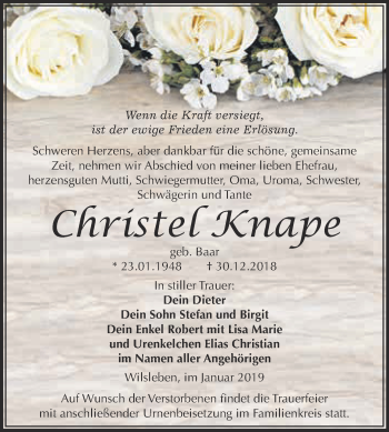Traueranzeige von Christel Knape von Super Sonntag Aschersleben