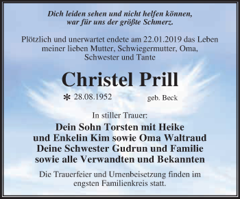 Traueranzeige von Christel Prill von WVG - Wochenspiegel Dessau / Köthen