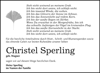 Traueranzeige von Christel Sperling von Mitteldeutsche Zeitung Sangerhausen