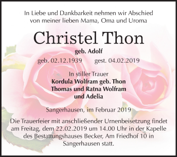 Traueranzeige von Christel Thon von Mitteldeutsche Zeitung