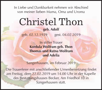 Traueranzeige von Christel Thon von Super Sonntag SGH Mansf. Land