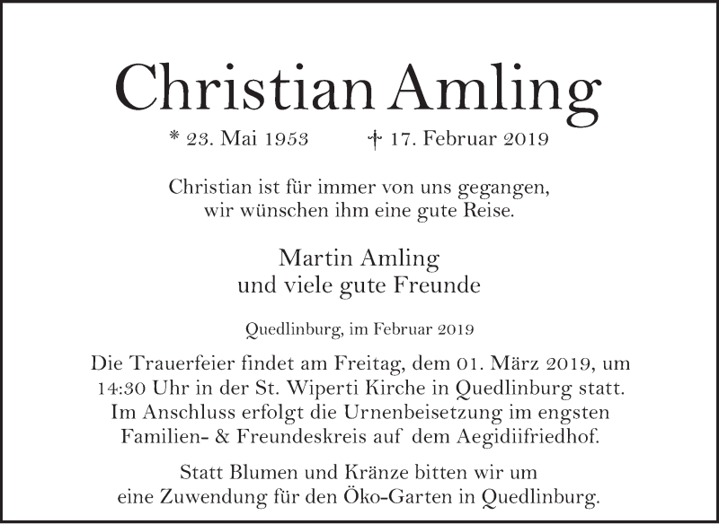  Traueranzeige für Christian Amling vom 23.02.2019 aus WVG - Wochenspiegel Quedlinburg