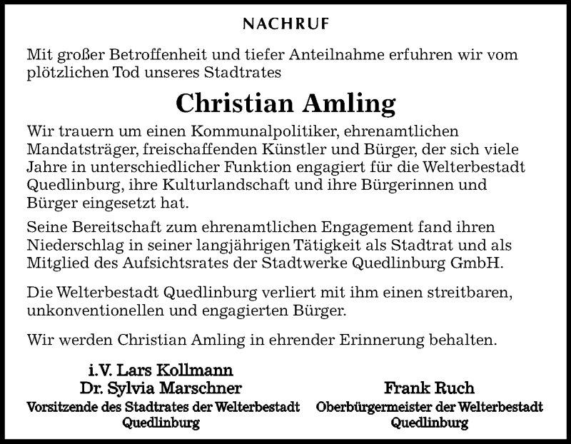  Traueranzeige für Christian Amling vom 27.02.2019 aus Mitteldeutsche Zeitung Quedlinburg