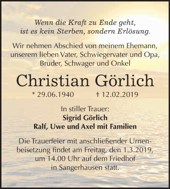 Traueranzeige von Christian Görlich von Super Sonntag SGH Mansf. Land