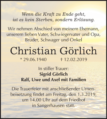 Traueranzeige von Christian Görlich von Mitteldeutsche Zeitung Sangerhausen