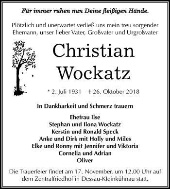 Traueranzeige von Christian Wockatz von Mitteldeutsche Zeitung Dessau-Roßlau