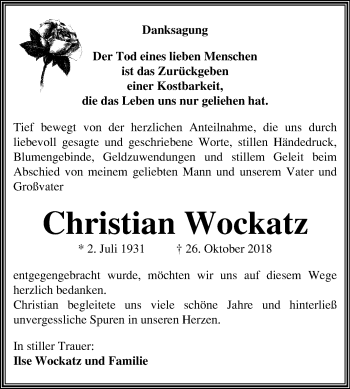 Traueranzeige von Christian Wockatz von Mitteldeutsche Zeitung Dessau-Roßlau
