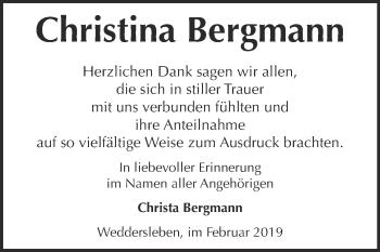 Traueranzeige von Christina Bergmann von Super Sonntag Quedlinburg