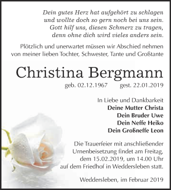 Traueranzeige von Christina Bergmann von Super Sonntag Quedlinburg