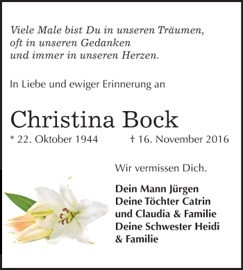 Traueranzeige von Christina Bock von Mitteldeutsche Zeitung Halle/Saalkreis