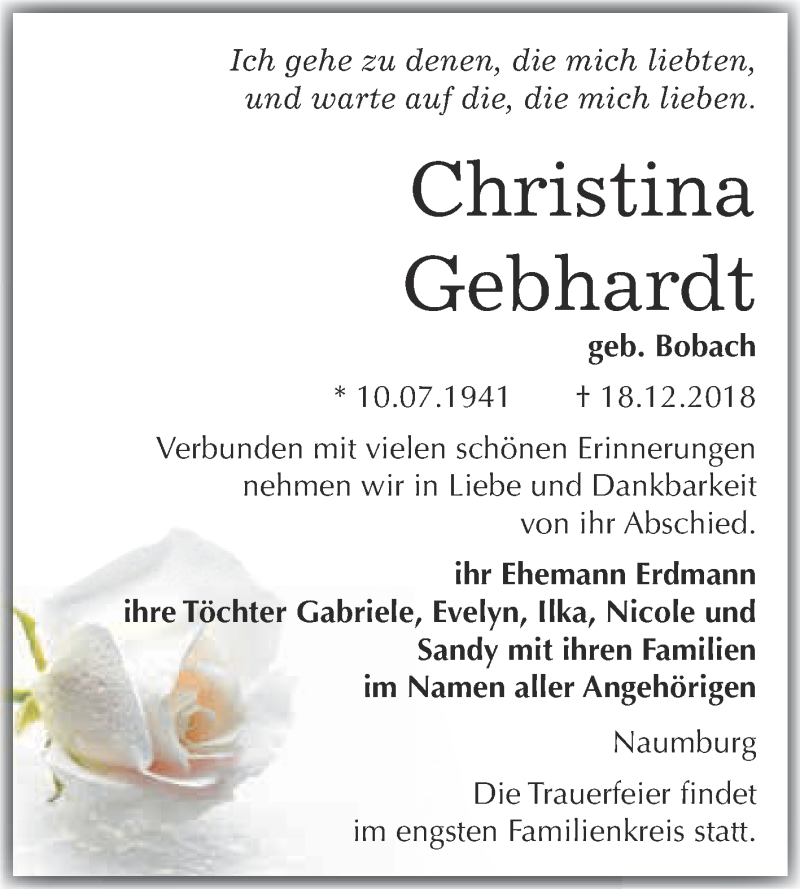  Traueranzeige für Christina Gebhardt vom 09.01.2019 aus WVG - Wochenspiegel NMB / WSF / ZTZ
