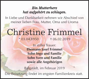 Traueranzeige von Christine Frimmel von WVG - Wochenspiegel NMB / WSF / ZTZ