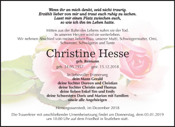 Traueranzeige von Christine Hesse von Mitteldeutsche Zeitung Naumburg/Nebra