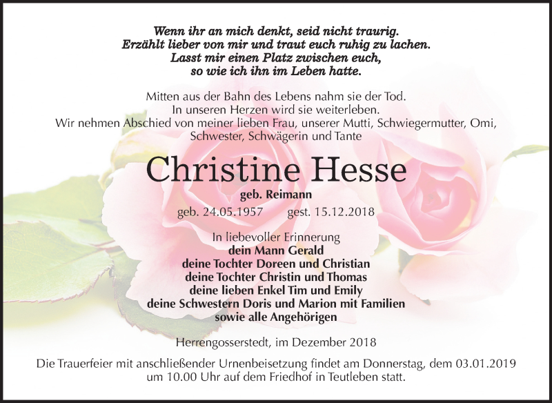  Traueranzeige für Christine Hesse vom 22.12.2018 aus Mitteldeutsche Zeitung Naumburg/Nebra