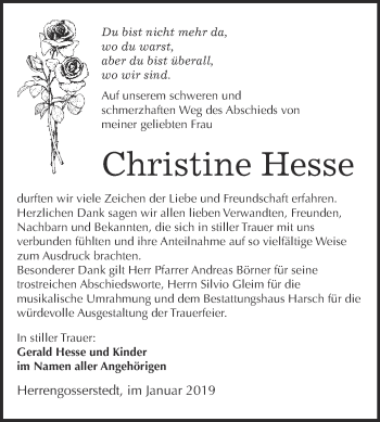 Traueranzeige von Christine Hesse von WVG - Wochenspiegel NMB / WSF / ZTZ