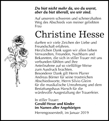 Traueranzeige von Christine Hesse von Mitteldeutsche Zeitung Naumburg/Nebra