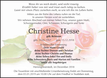 Traueranzeige von Christine Hesse von WVG - Wochenspiegel NMB / WSF / ZTZ