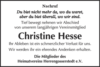 Traueranzeige von Christine Hesse von WVG - Wochenspiegel NMB / WSF / ZTZ